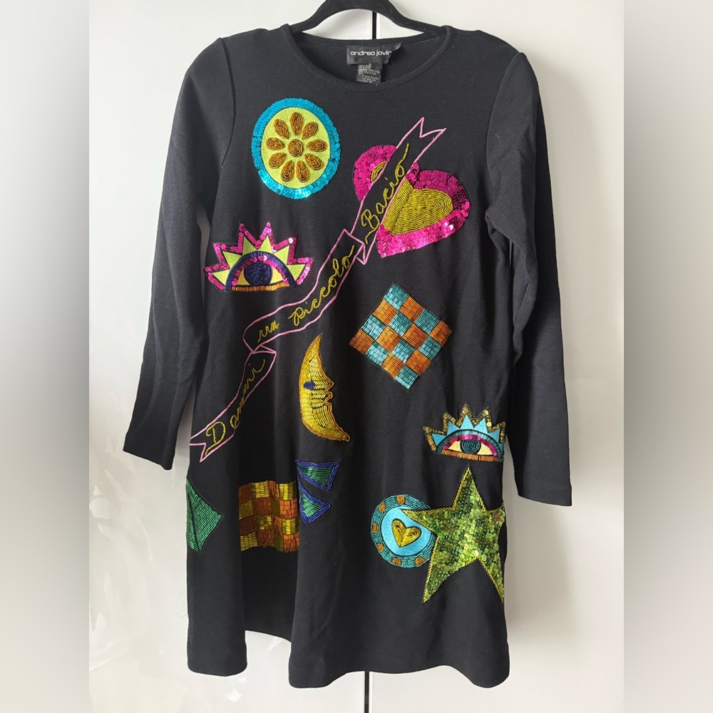 vintage Andrea Jovine Graphic sequin beaded embroidered Black wool Dress P